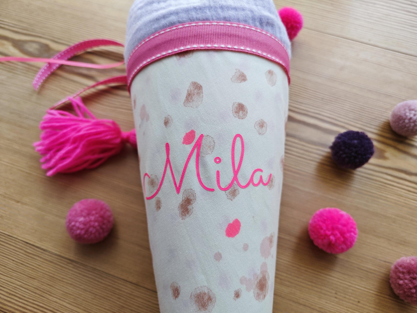 Geschwisterschultüte, Zuckertüte, Trosttüte flieder creme Kiga Start 35cm Schulanfang Einschulung neon pink mit Name Mädchen MillaLouise